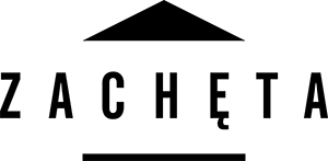 Czarno biały napis 'zachęta' wielkimi literami. Nad nim czarny, równoramienny trójkąt, nawiązuje do zwieńczenia portyku galerii. Pod nim pozioma linia.